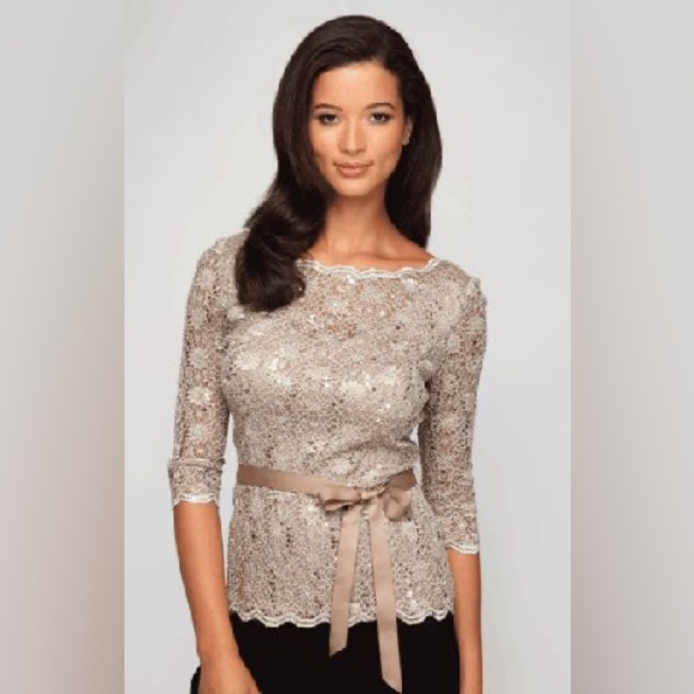 Alex Evenings Sequin Embroidered Lace Top Champagne Tan XL